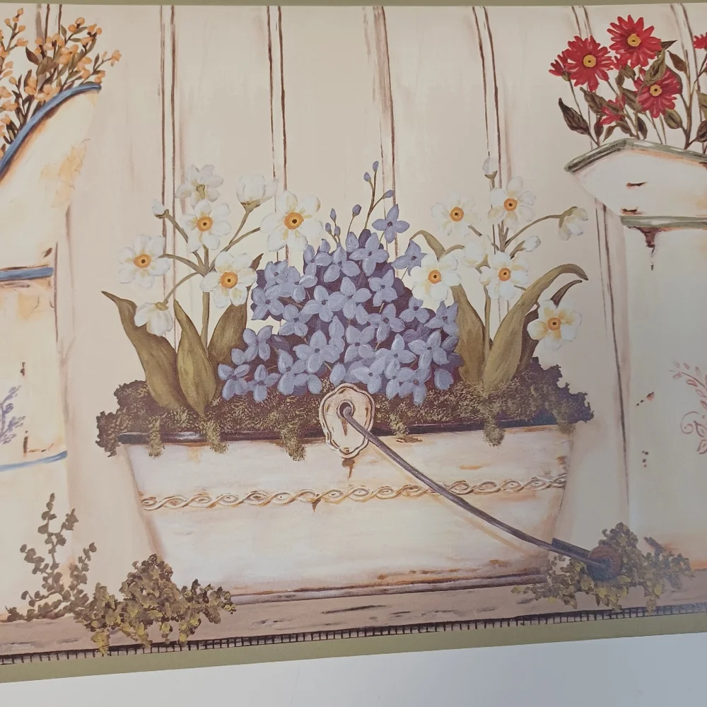 Wallpaper Border Vintage Pitcher Flower Vases & Apples